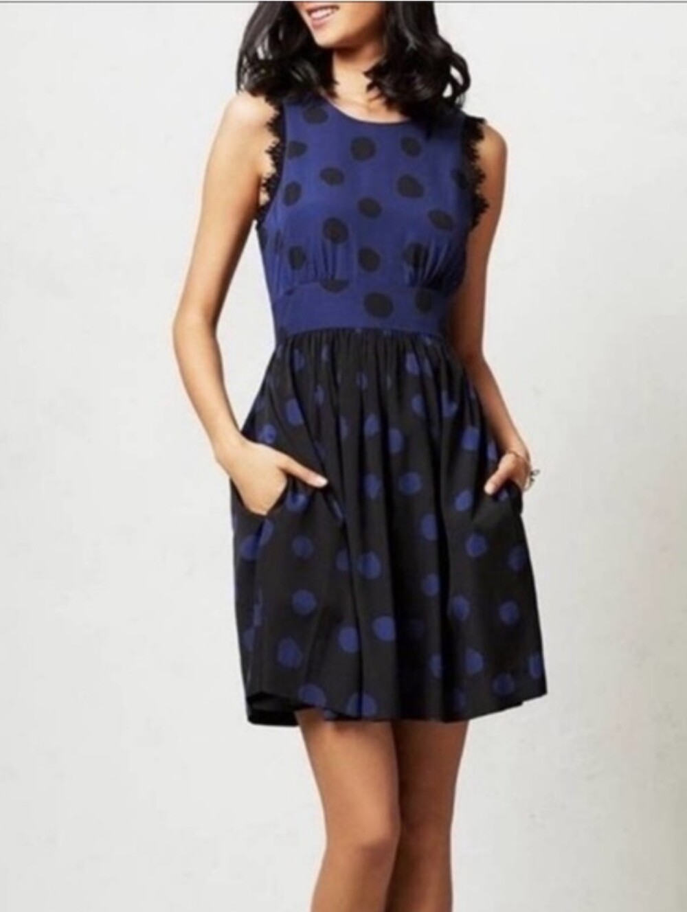 Corey Lynn Calter Sleeveless Blue and Black Polka Dot A-Line Dress